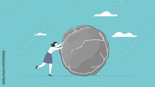 effort to achieve business goals or target, Obstacles and challenge at work, business heavy tasks and problems concept vector illustration, Businesswoman pushing huge stone illustration