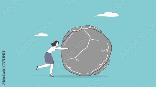 effort to achieve business goals or target, Obstacles and challenge at work, business heavy tasks and problems concept vector illustration, Businesswoman pushing huge stone illustration