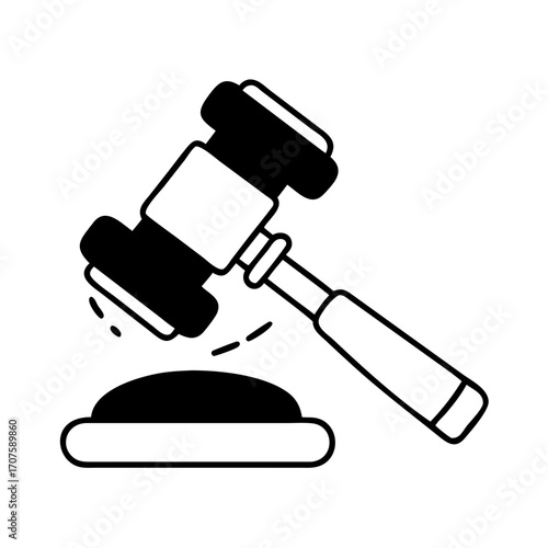 Illustration of a gavel, a symbol of justice and law, rendered in a bold and modern style with solid black fills