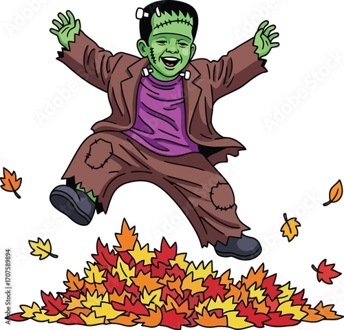 Frankenstein monster kid jumping into a vibrant pile of autumn leaves enjoying Halloween fun