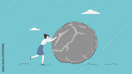 effort to achieve business goals or target, Obstacles and challenge at work, business heavy tasks and problems concept vector illustration, Businesswoman pushing huge stone illustration