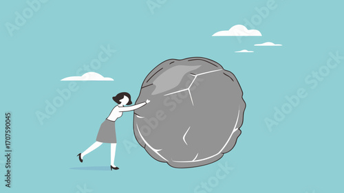 effort to achieve business goals or target, Obstacles and challenge at work, business heavy tasks and problems concept vector illustration, Businesswoman pushing huge stone illustration
