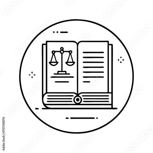 Vector art of law book with scales of justice inside a circle representing legal knowledge and jurisprudence in a simple design