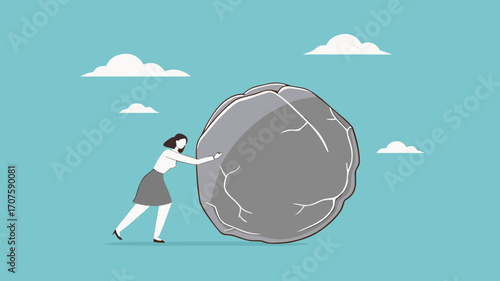 effort to achieve business goals or target, Obstacles and challenge at work, business heavy tasks and problems concept vector illustration, Businesswoman pushing huge stone illustration
