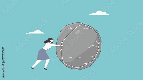 effort to achieve business goals or target, Obstacles and challenge at work, business heavy tasks and problems concept vector illustration, Businesswoman pushing huge stone illustration