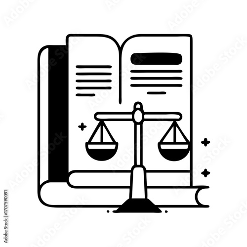 Vector art of scales of justice on top of law books representing legal advice and jurisprudence in a minimalist design
