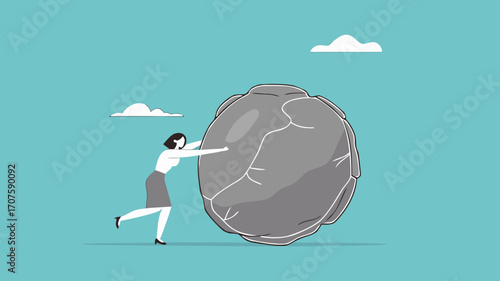 effort to achieve business goals or target, Obstacles and challenge at work, business heavy tasks and problems concept vector illustration, Businesswoman pushing huge stone illustration