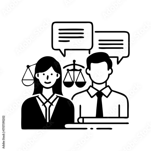 Vector art of legal consultation a lawyer and client discuss legal matters, with scales of justice symbolizing fairness and impartiality