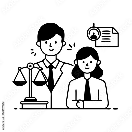 Vector art of legal advice a lawyer provides guidance to a client, with scales of justice and a document representing legal expertise