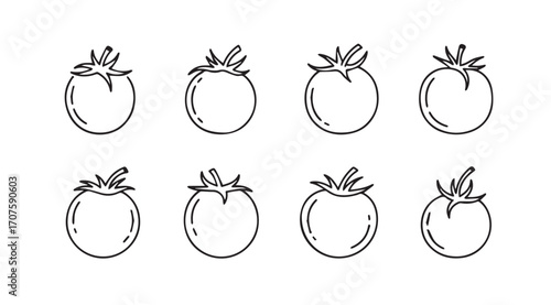 Eight simple hand drawn tomato silhouettes with leafy stems