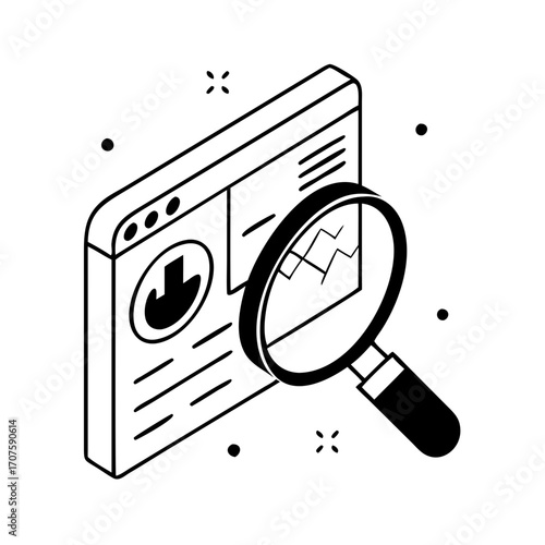 Vector art of isometric website analysis icon magnifying glass over website page, representing search engine optimization and data analytics