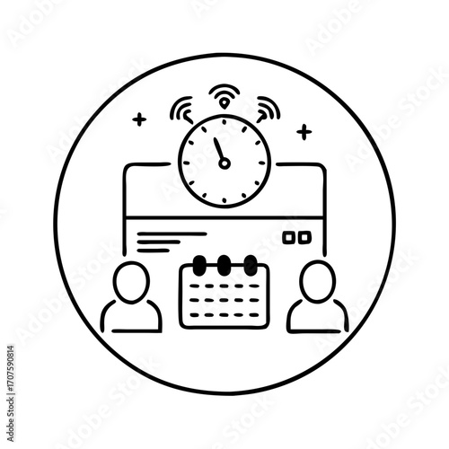 Vector art of online meeting with clock representing remote work, virtual collaboration, time management, and digital communication in business