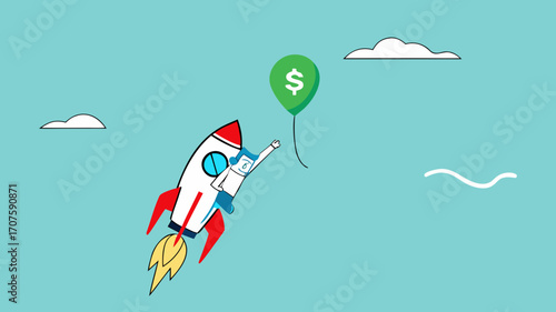 achieve financial goal with startup business success, startup business management to reach financial freedom, businesswoman flying using startup business rocket to reach balloon with dollar money