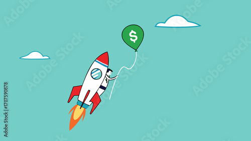 achieve financial goal with startup business success, startup business management to reach financial freedom, businesswoman flying using startup business rocket to reach balloon with dollar money