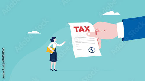 Crypto currency tax burden, businesswoman investor holding bitcoin surprised by government hand issue tax bill concept vector illustration