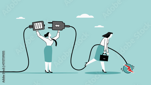 recharge energy or restore enthusiasm for work, refreshing from overwork or tiring activities, woman connects electrical plug to power source to recharge low battery exhausted woman worker