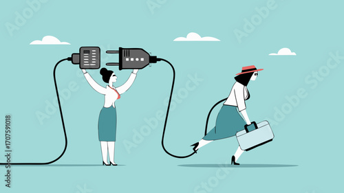 recharge energy or restore enthusiasm for work, refreshing from overwork or tiring activities, woman connects electrical plug to power source to recharge low battery exhausted woman worker