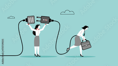recharge energy or restore enthusiasm for work, refreshing from overwork or tiring activities, woman connects electrical plug to power source to recharge low battery exhausted woman worker