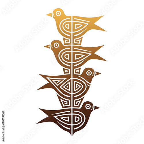 Four birds stacked with tribal engravings isolated on white background