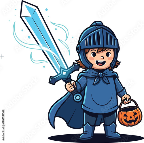 Adorable cartoon knight trick or treating with glowing sword and carved pumpkin bucket on Halloween night