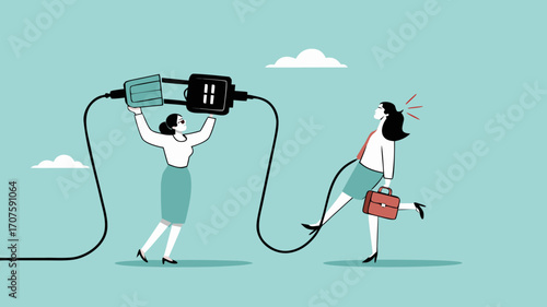 recharge energy or restore enthusiasm for work, refreshing from overwork or tiring activities, woman connects electrical plug to power source to recharge low battery exhausted woman worker