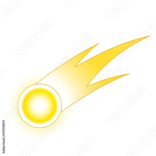 Illustration of a yellow comet with a bright tail isolated on white background