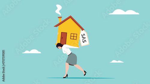 house mortgage overpay concept, real estate payment overprice, Property payoff to credit concept, depressed woman office worker man carrying house with expensive price tag vector illustration