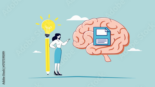 idea memory, reminder of productive plans or new business strategy, thinking skills to form good work habits, remembering or studying work plans, businesswoman store work plan data in the human brain