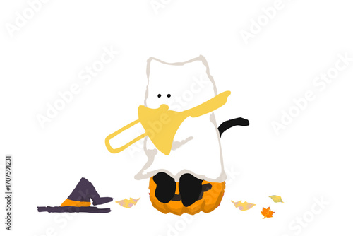 Black Cat Playing the Trombone in a Halloween Costume Illustration