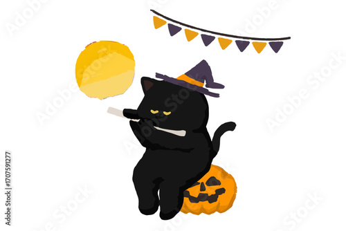 Black Cat Playing the Flute in a Halloween Costume Illustration