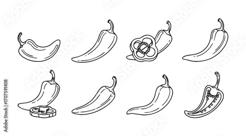 Collection of hand drawn chili pepper silhouettes with various styles and slices