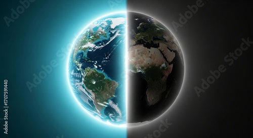 Earth hemisphere day and night concept illustrating contrasting sides of the world globe, reflecting opposing timelines in planetary rotation and