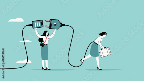 recharge energy or restore enthusiasm for work, refreshing from overwork or tiring activities, woman connects electrical plug to power source to recharge low battery exhausted woman worker