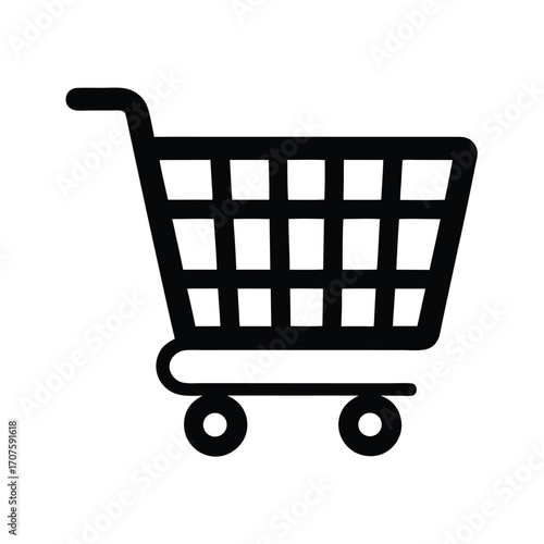 A black shopping cart icon with a handle and four wheels is isolated