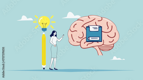 idea memory, reminder of productive plans or new business strategy, thinking skills to form good work habits, remembering or studying work plans, businesswoman store work plan data in the human brain