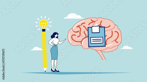 idea memory, reminder of productive plans or new business strategy, thinking skills to form good work habits, remembering or studying work plans, businesswoman store work plan data in the human brain