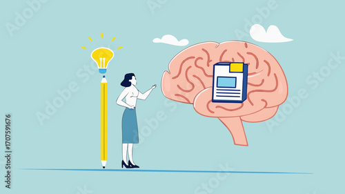 idea memory, reminder of productive plans or new business strategy, thinking skills to form good work habits, remembering or studying work plans, businesswoman store work plan data in the human brain