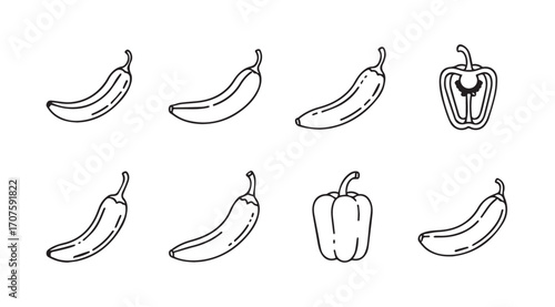 Collection of hand drawn chili pepper and bell pepper silhouettes with textured lines