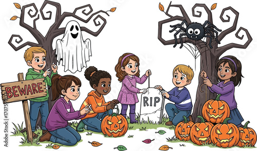Excited kids decorate for Halloween with pumpkins, ghost, and spider cartoon illustration fun