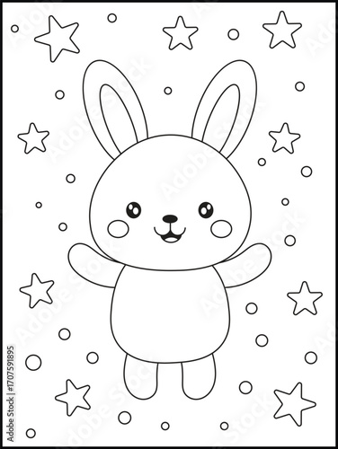 Cute Bunny Coloring Page for toddlers. Adorable Cartoon Rabbit with Stars and Simple Background for Kids