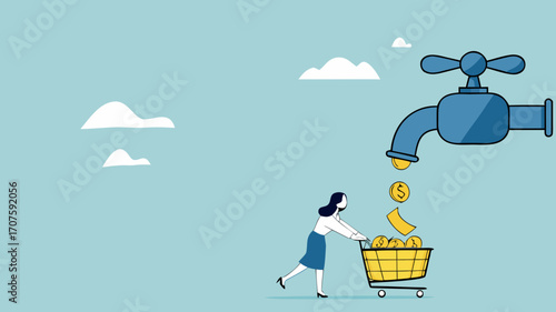 get profits from business or dividends from stock investments, making cash flow, income from affiliate marketing program, businesswoman collects golden coins from the water tap using a shopping cart
