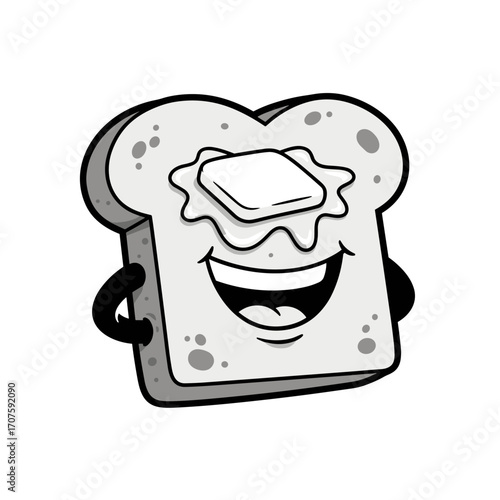 A happy cartoon slice of bread with melting butter on top, smiling widely with raised arms, adding warmth and charm to a simple breakfast icon.