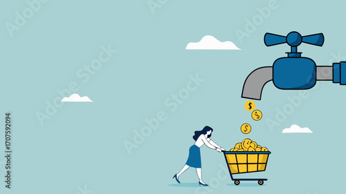 get profits from business or dividends from stock investments, making cash flow, income from affiliate marketing program, businesswoman collects golden coins from the water tap using a shopping cart
