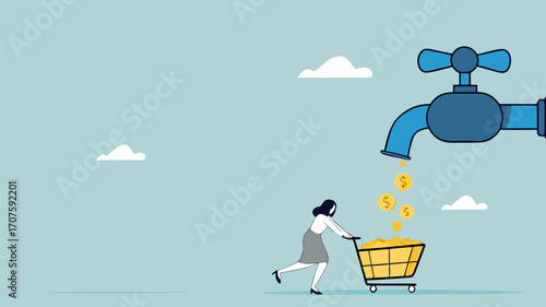 get profits from business or dividends from stock investments, making cash flow, income from affiliate marketing program, businesswoman collects golden coins from the water tap using a shopping cart
