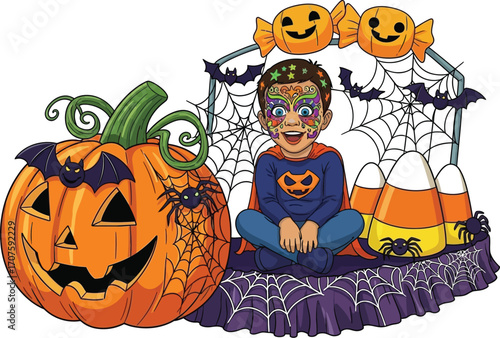 Excited boy with face paint celebrates Halloween surrounded by pumpkins, bats, and spooky candy treats