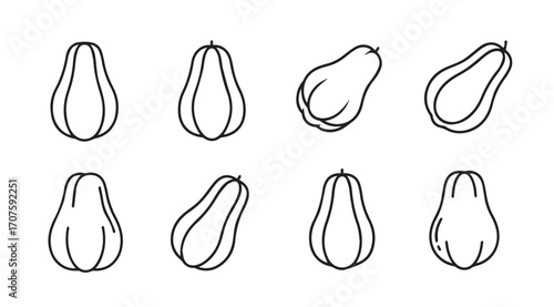 Collection of eight stylized papaya fruit silhouettes in outline style