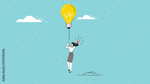 leadership science, provide instructions or education with knowledge, good leadership to achieve business goal or target, businesswoman flying with light bulb balloon while carrying megaphone