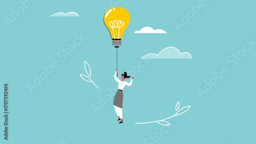 leadership science, provide instructions or education with knowledge, good leadership to achieve business goal or target, businesswoman flying with light bulb balloon while carrying megaphone