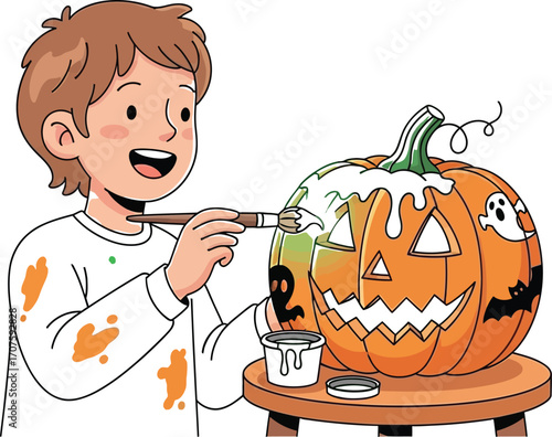 Boy joyfully paints a whimsical Halloween pumpkin with glowing green paint and spooky cartoon decorations