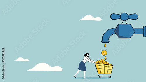get profits from business or dividends from stock investments, making cash flow, income from affiliate marketing program, businesswoman collects golden coins from the water tap using a shopping cart
